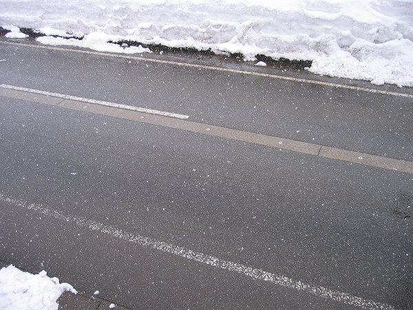 雪が降っていますが、強い降り方でなく道路に積もりません