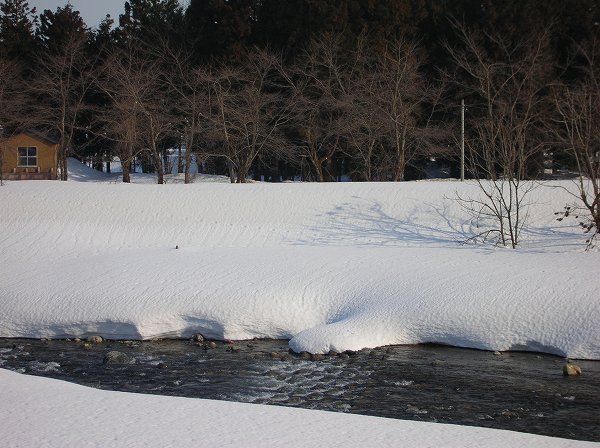 水無川に澄んだ雪解け水が流れています
